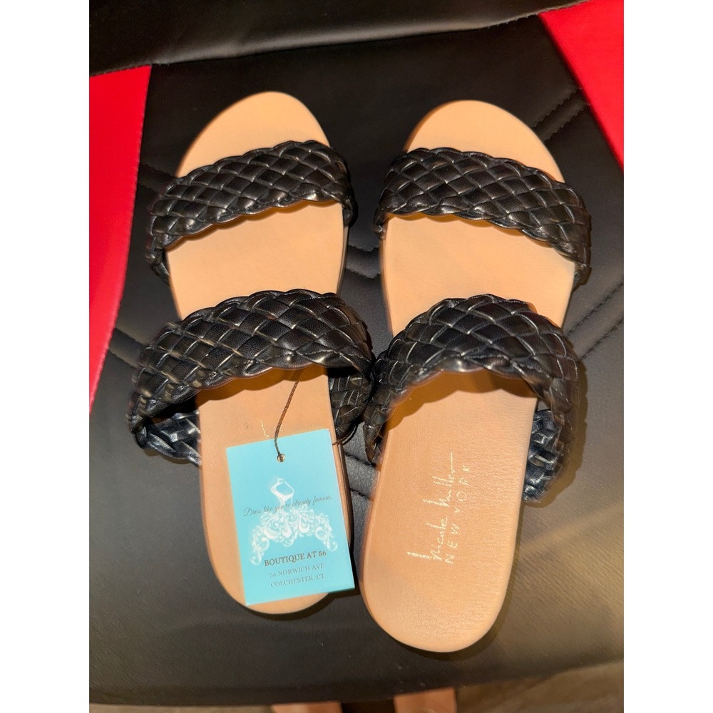 Nicole Miller New York Black Braided Double Strap Slide Sandals Womens 7.5
